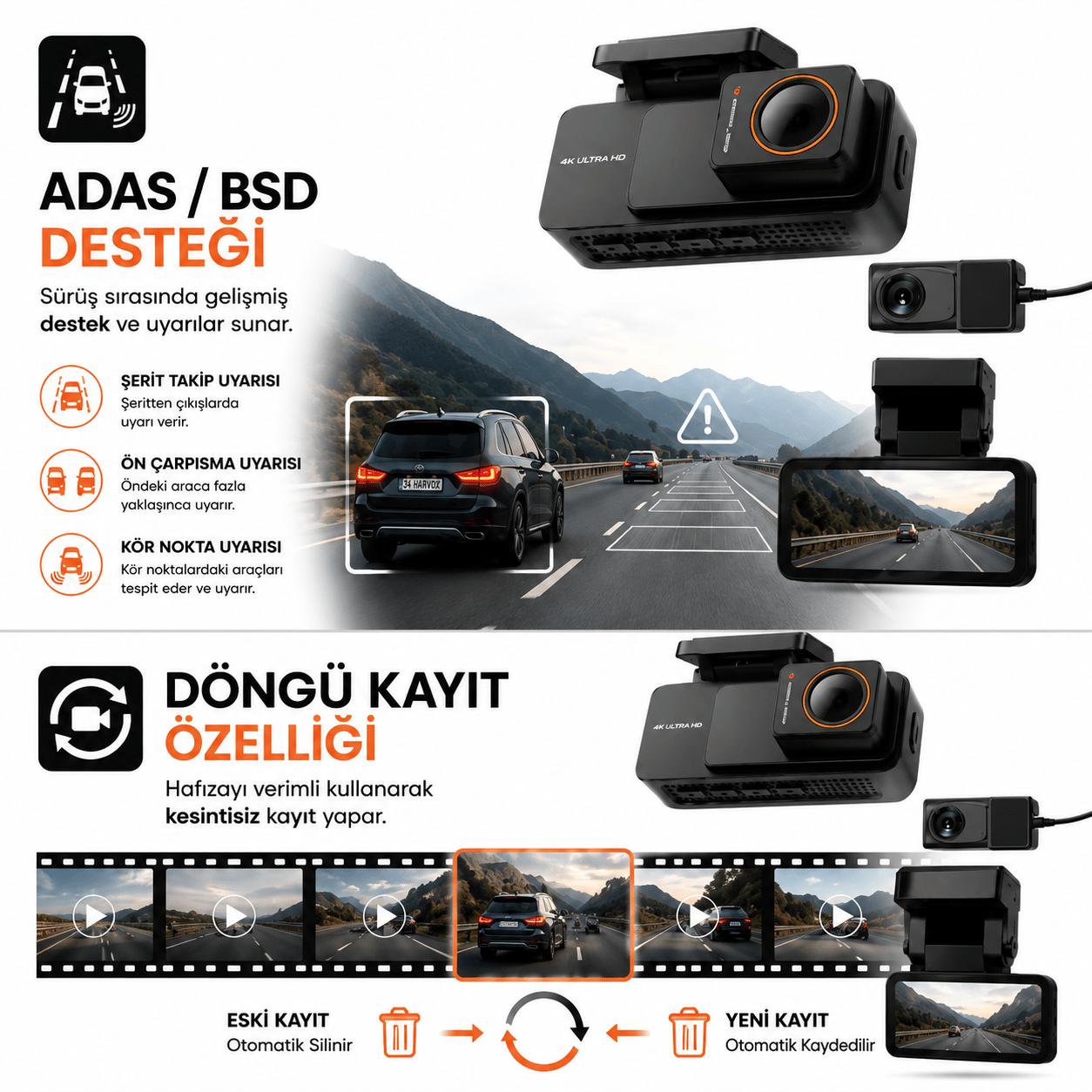 Bagajon 4K Pro Ultra HD WiFi GPS ADAS Araç İçi Kamera | Yapay Zeka, Gece Görüşü, G-Sensör, 24 Saat Park Modu, Ön + Arka Kamera