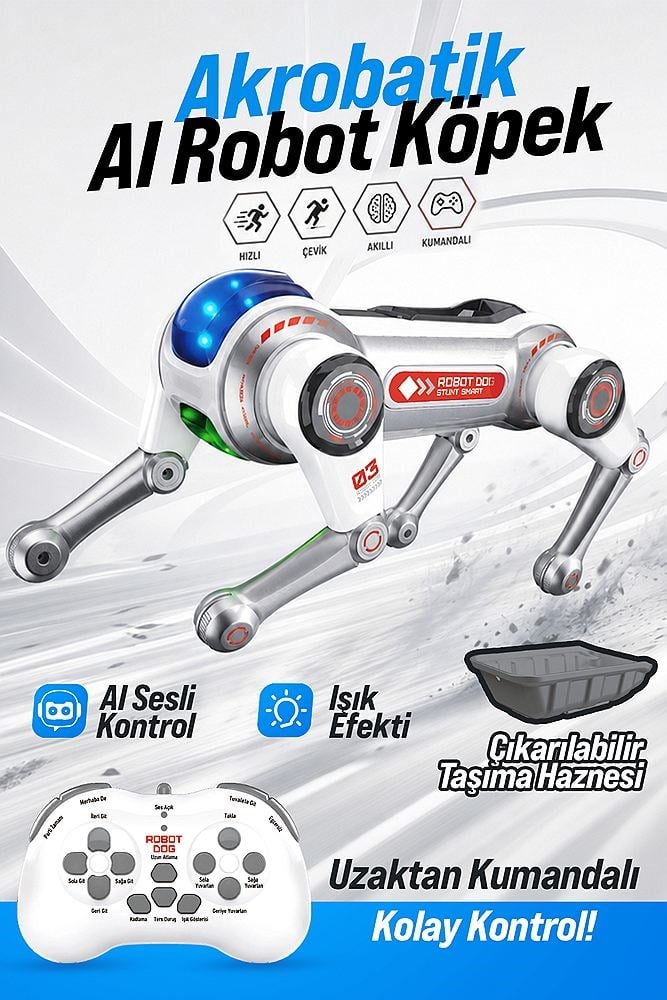 Bagajon BRB1 AI Akıllı Robot Köpek 2.4GHz Uzaktan Kumandalı Sesli Komutlu RGB Işıklı Programlanabilir Akrobatik Oyuncak