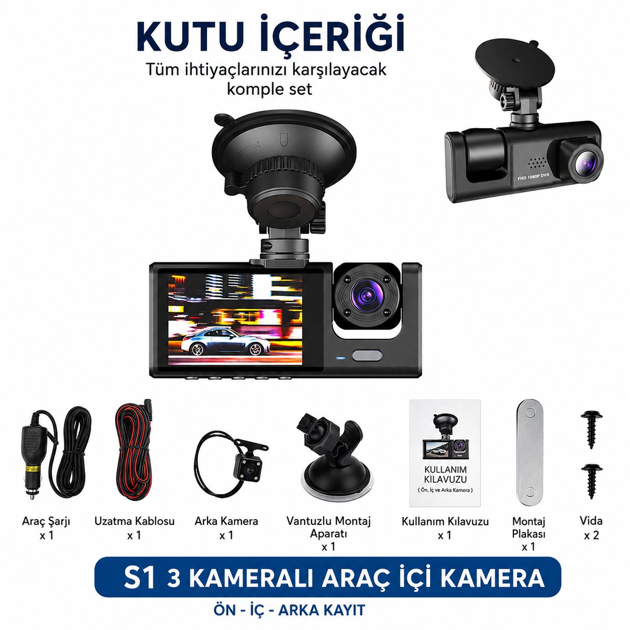 Bagajon C309 3 Kameralı Araç İçi Kamera Full HD 1080P Ön İç Arka Kamera Gece Görüşlü 150° Geniş Açı G-Sensör Döngü Kayıt Dash Cam