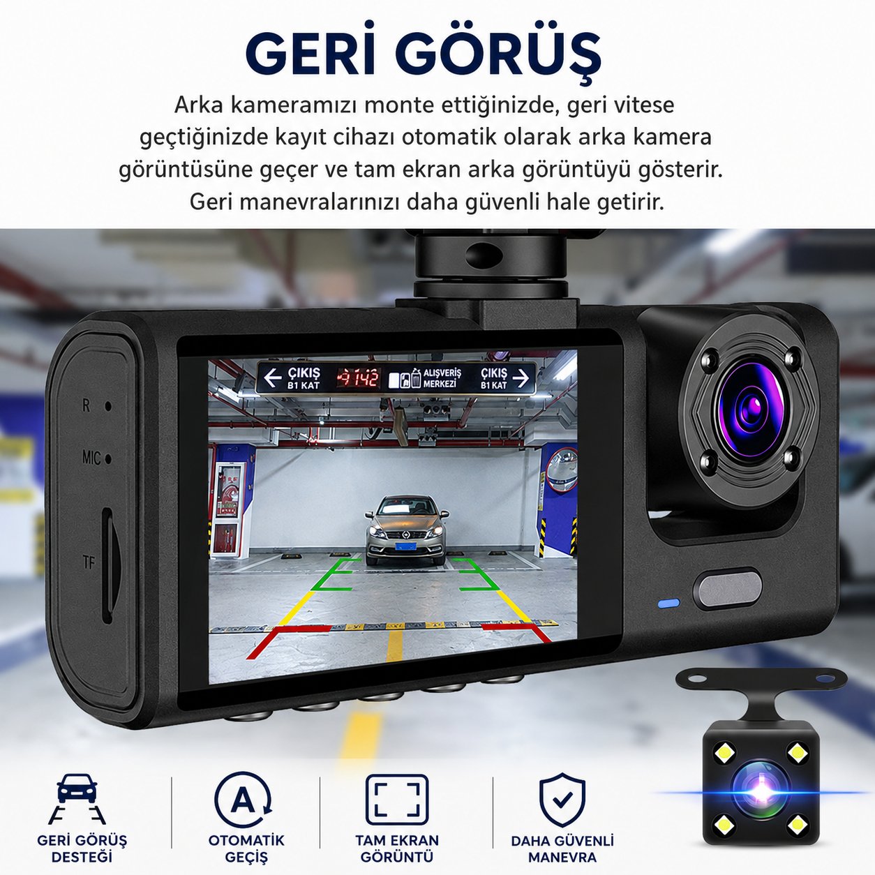 Bagajon C309 3 Kameralı Araç İçi Kamera Full HD 1080P Ön İç Arka Kamera Gece Görüşlü 150° Geniş Açı G-Sensör Döngü Kayıt Dash Cam