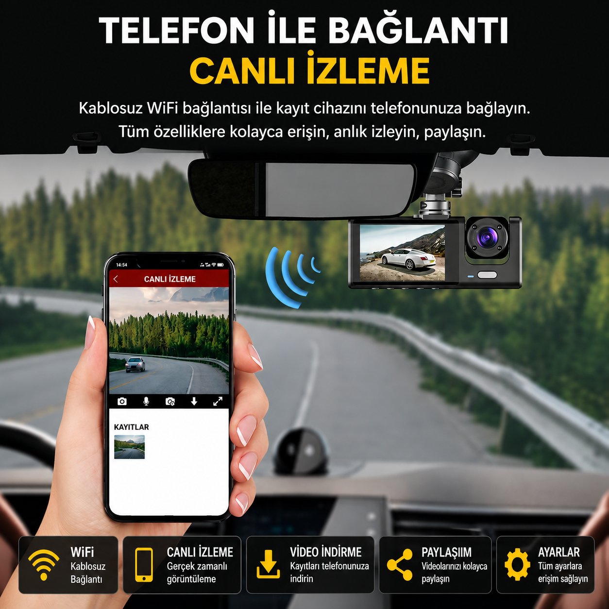 Bagajon C309 3 Kameralı Araç İçi Kamera Full HD 1080P Ön İç Arka Kamera Gece Görüşlü 150° Geniş Açı G-Sensör Döngü Kayıt Dash Cam