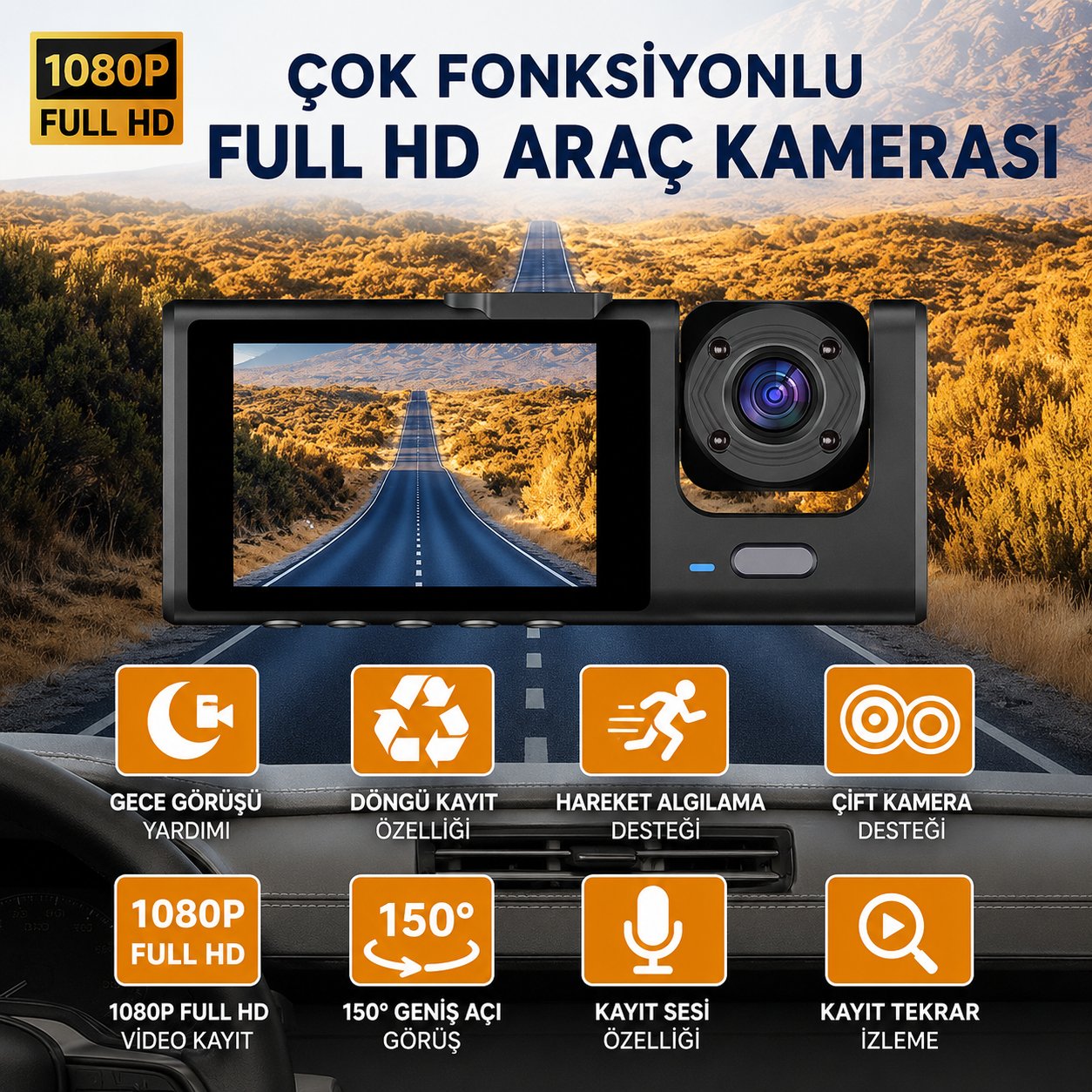Bagajon C309 3 Kameralı Araç İçi Kamera Full HD 1080P Ön İç Arka Kamera Gece Görüşlü 150° Geniş Açı G-Sensör Döngü Kayıt Dash Cam