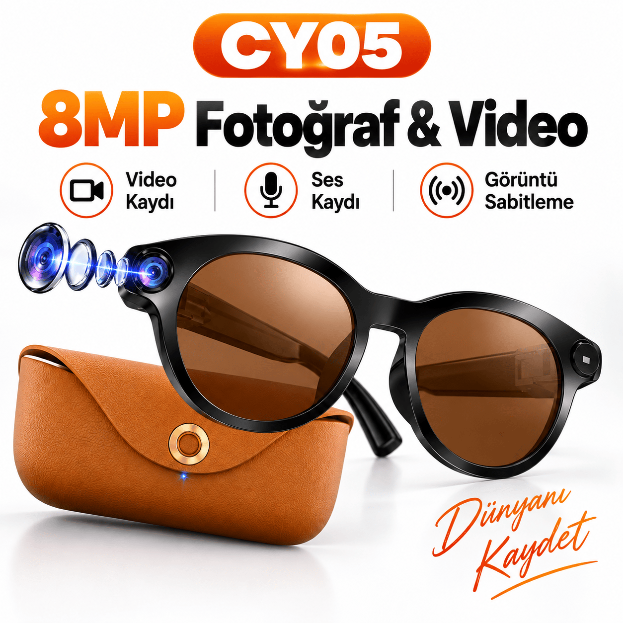 Bagajon CY05 Max AI Akıllı Gözlük 8MP Kamera – 1080P Video, Yapay Zeka Anlık Çeviri, Bluetooth Arama, Fotokromik Lens, ENC, 2000mAh Şarj Kutulu