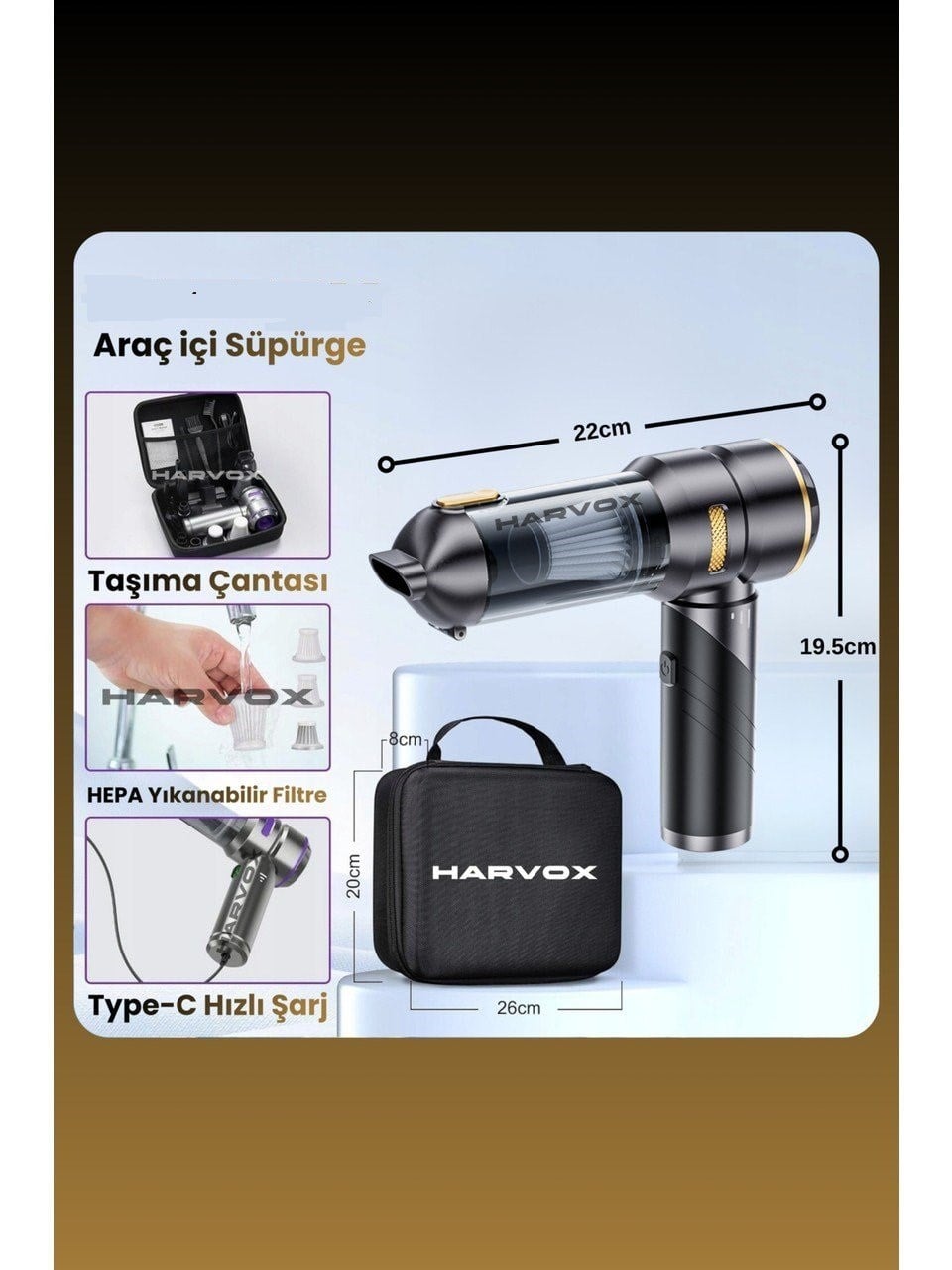 Bagajon Harvox 18.000 Pa Güçlü Profesyonel Araç Süpürgesi I6000 mAh Batarya Taşınabilir,Üflemeli, Çantalı Gri-Kahve