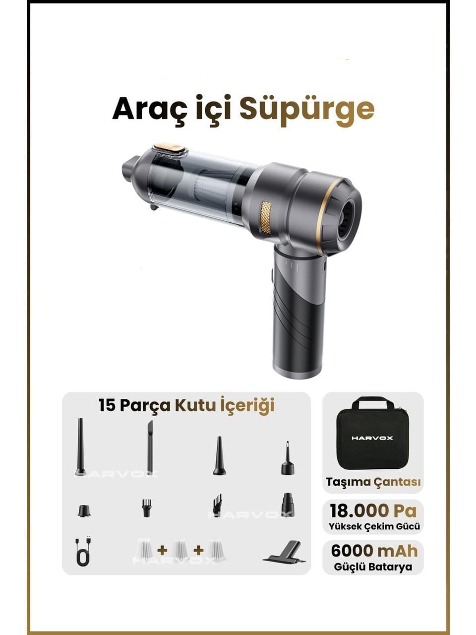 Bagajon Harvox 18.000 Pa Güçlü Profesyonel Araç Süpürgesi I6000 mAh Batarya Taşınabilir,Üflemeli, Çantalı Gri-Kahve