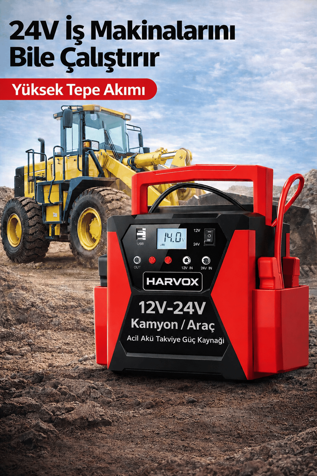 Bagajon Harvox Tır, Kamyon, Minibüs, Otobüs,Araçlar İçin Akü Takviye Cihazı | 12/24 Volt Çift Voltajlı 50.000 Mah Powerbank