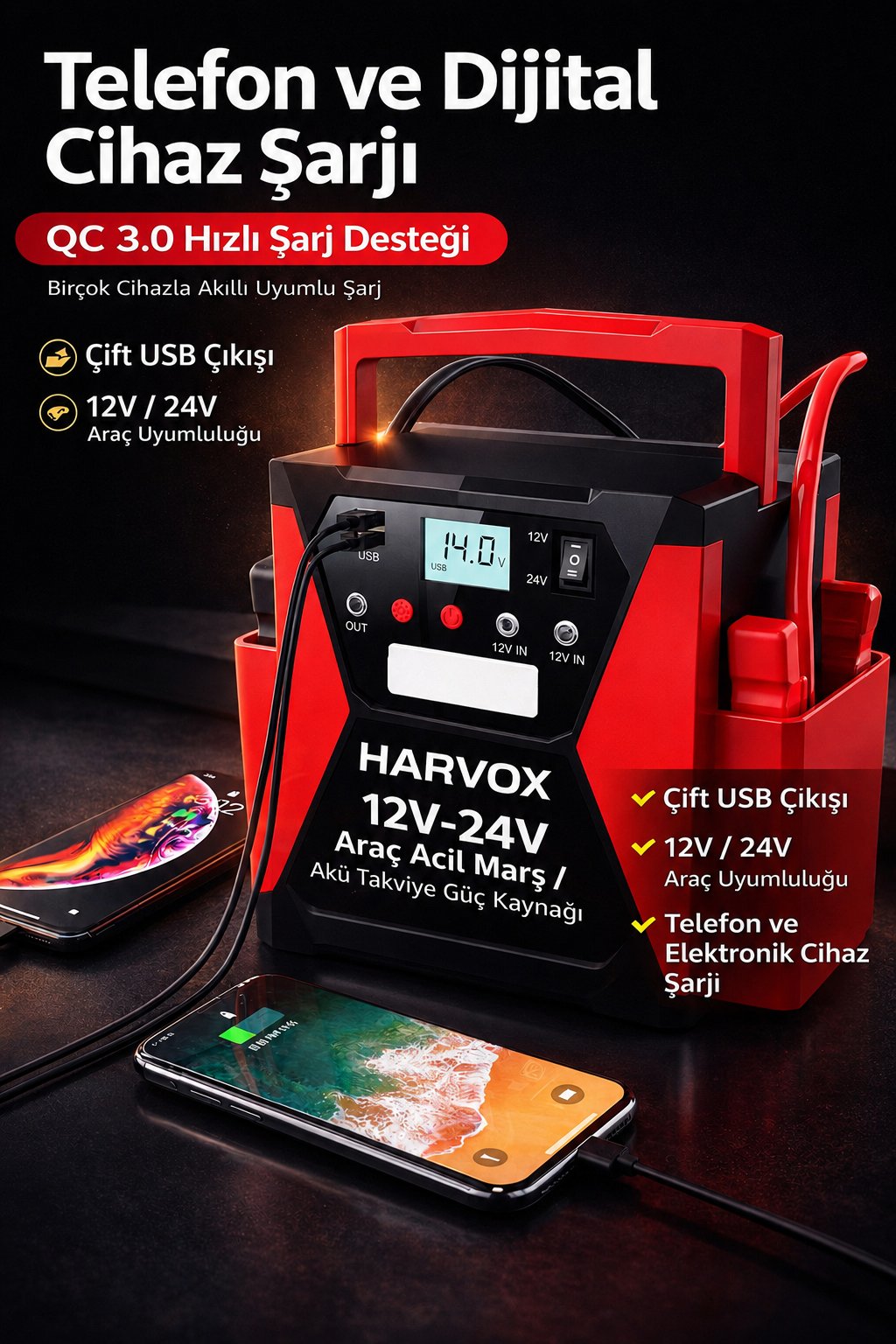 Bagajon Harvox Tır, Kamyon, Minibüs, Otobüs,Araçlar İçin Akü Takviye Cihazı | 12/24 Volt Çift Voltajlı 50.000 Mah Powerbank
