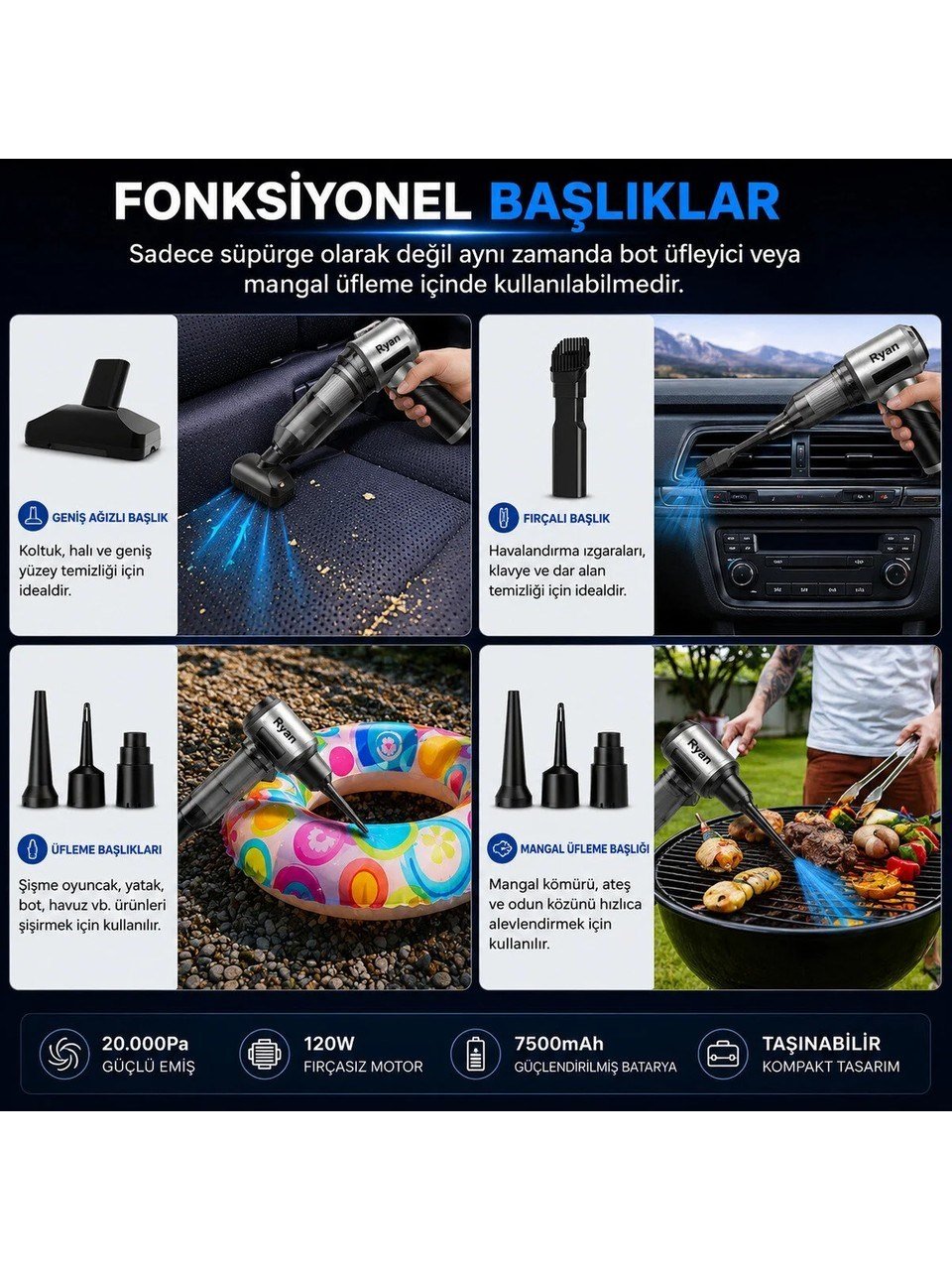 Bagajon Ryan 20.000 Pa 7.500 mAh Katlanabilir Araç Süpürgesi – 120W Fırçasız Motor, Üfleme & Vakum, Çantalı