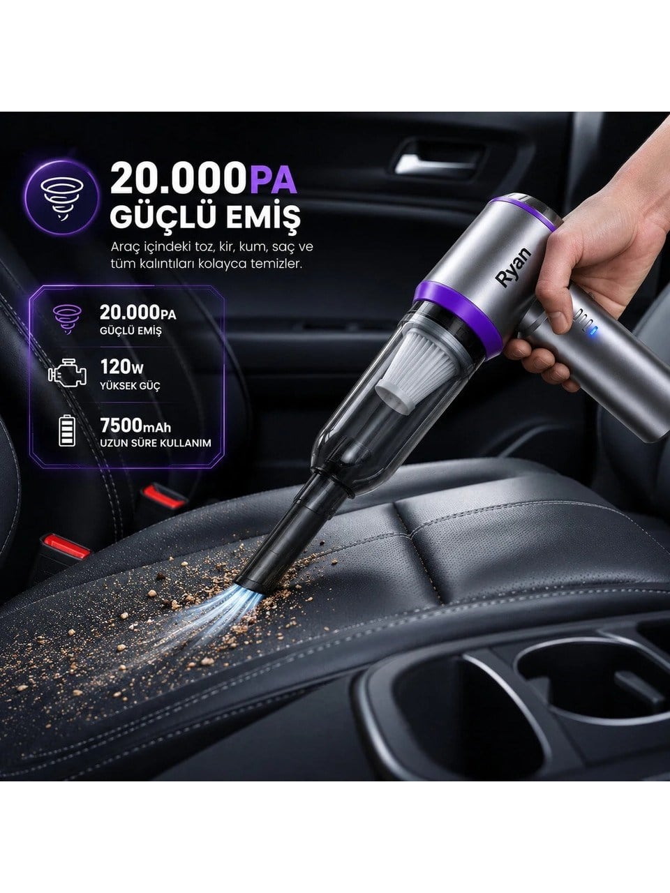 Bagajon Ryan 20.000 Pa 7.500 mAh Araç Süpürgesi – 120W Fırçasız Motor, Üfleme & Vakum, Çantalı