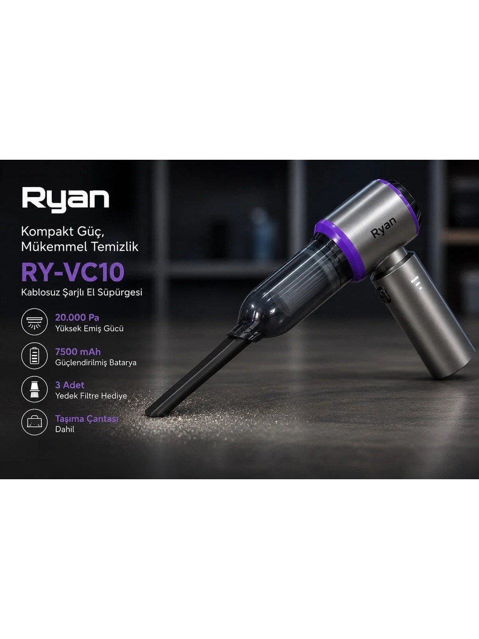 Bagajon Ryan 20.000 Pa 7.500 mAh Araç Süpürgesi – 120W Fırçasız Motor, Üfleme & Vakum, Çantalı