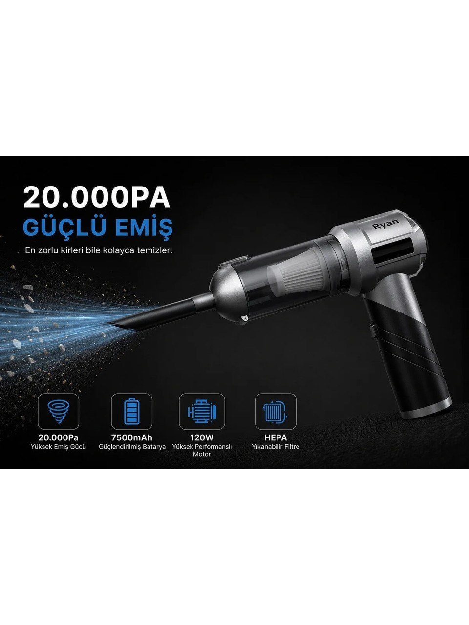 Bagajon Ryan 20.000 Pa 7.500 mAh Katlanabilir Araç Süpürgesi – 120W Fırçasız Motor, Üfleme & Vakum, Çantalı