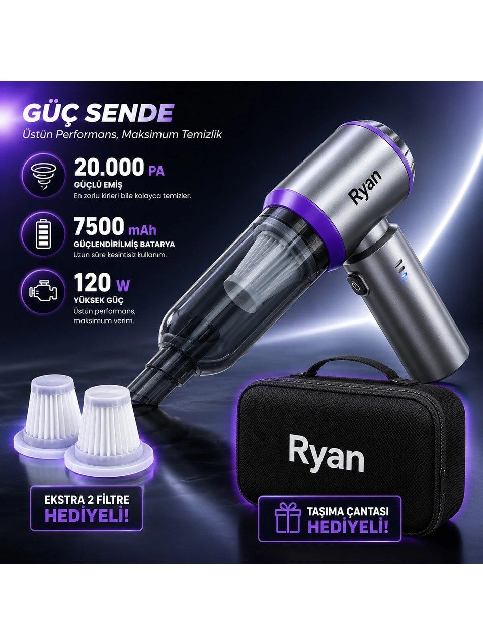 Bagajon Ryan 20.000 Pa 7.500 mAh Araç Süpürgesi – 120W Fırçasız Motor, Üfleme & Vakum, Çantalı