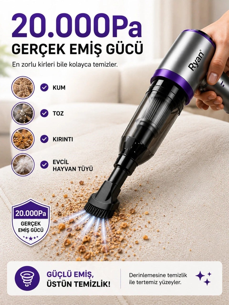 Bagajon Ryan 20.000 Pa 7.500 mAh Araç Süpürgesi – 120W Fırçasız Motor, Üfleme & Vakum, Çantalı