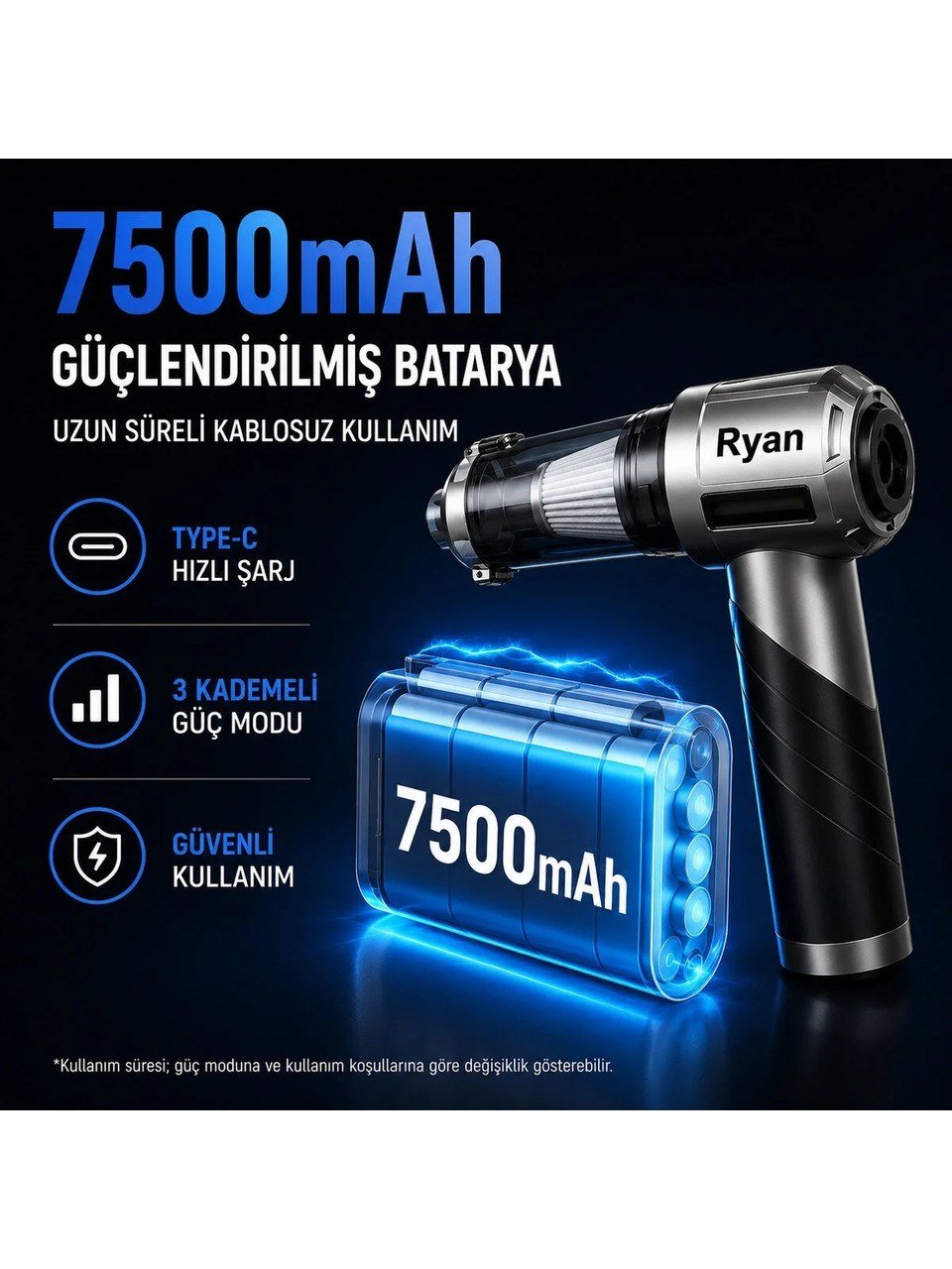 Bagajon Ryan 20.000 Pa 7.500 mAh Katlanabilir Araç Süpürgesi – 120W Fırçasız Motor, Üfleme & Vakum, Çantalı
