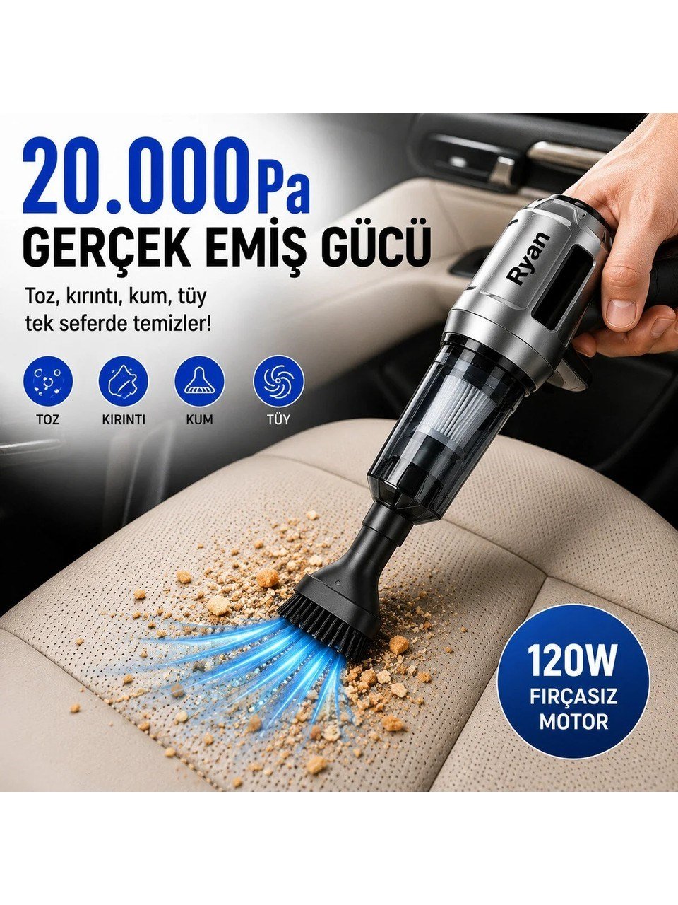 Bagajon Ryan 20.000 Pa 7.500 mAh Katlanabilir Araç Süpürgesi – 120W Fırçasız Motor, Üfleme & Vakum, Çantalı