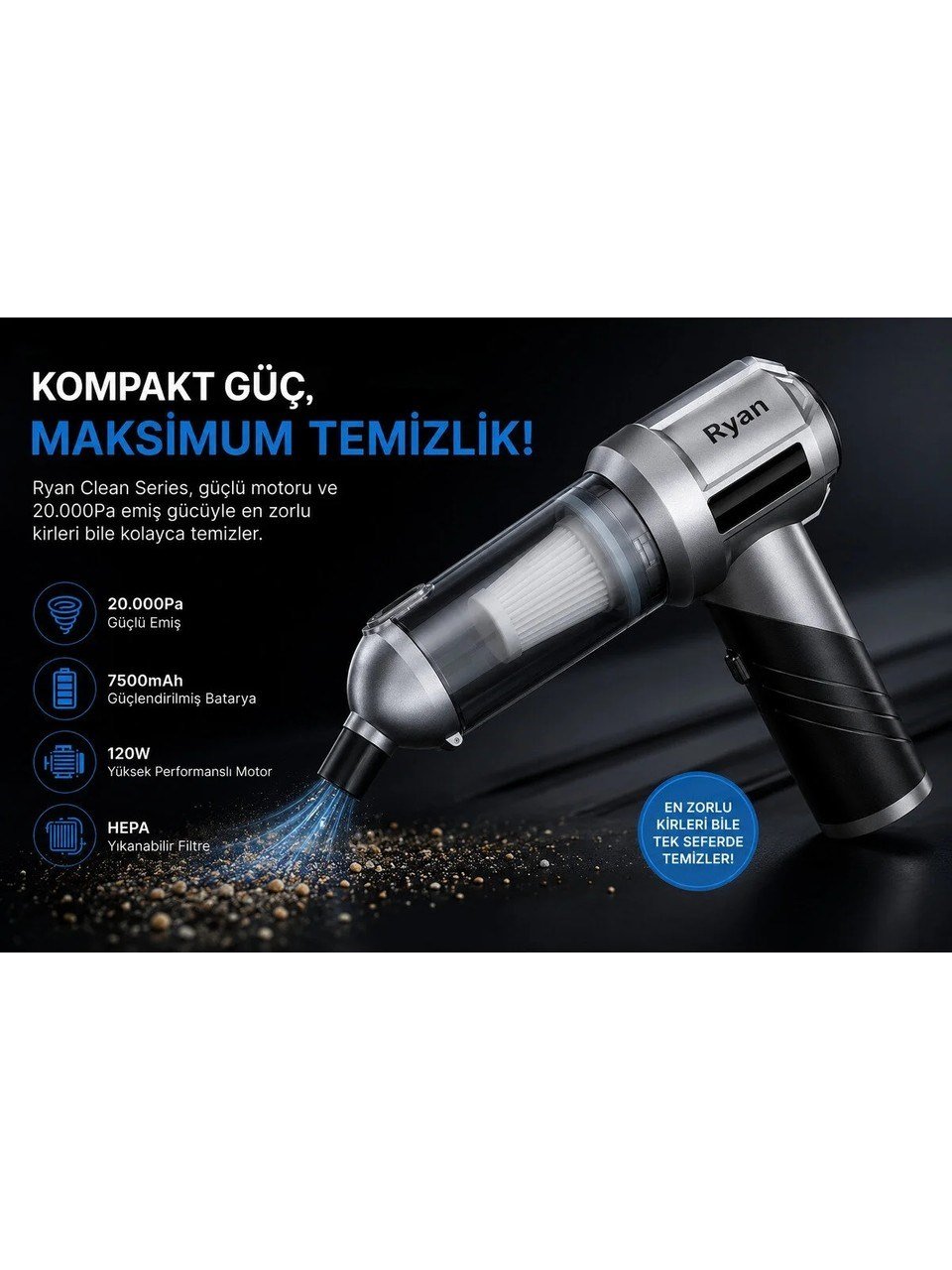 Bagajon Ryan 20.000 Pa 7.500 mAh Katlanabilir Araç Süpürgesi – 120W Fırçasız Motor, Üfleme & Vakum, Çantalı