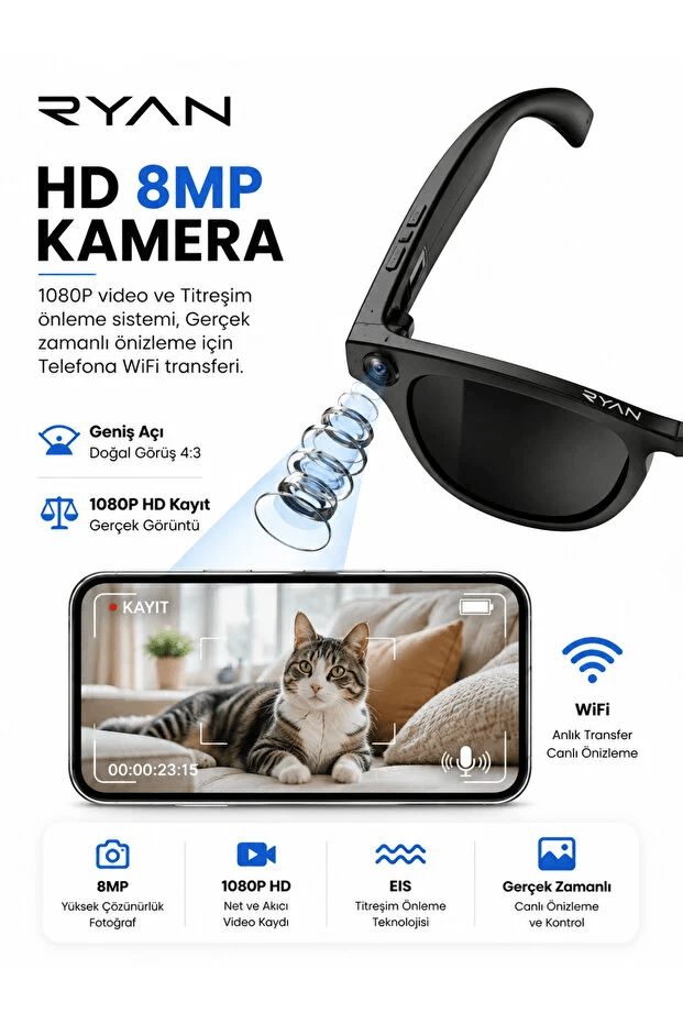 Bagajon Ryan RY-AIG01 Yapay Zeka Destekli Kameralı Akıllı Gözlük 8MP – Anlık Çeviri, Fotoğraf Video, Bluetooth, Sesli Asistan