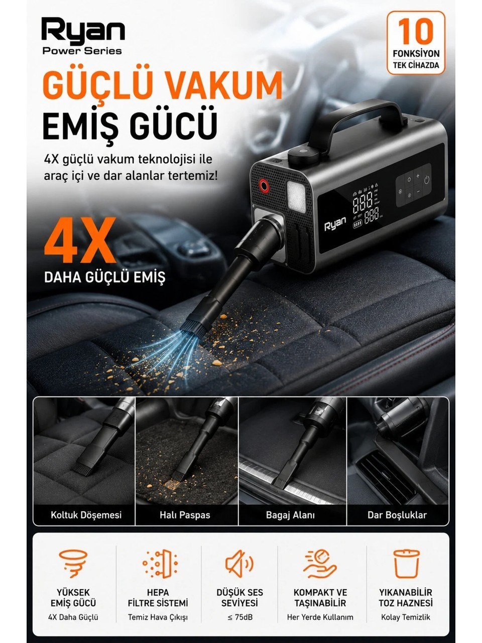 Bagajon Ryan RY-P10 2000A Akü Takviye + 150 PSI Lastik Şişirme 10'u 1 Arada – Süpürge, Üfleme, Powerbank, LED Fener