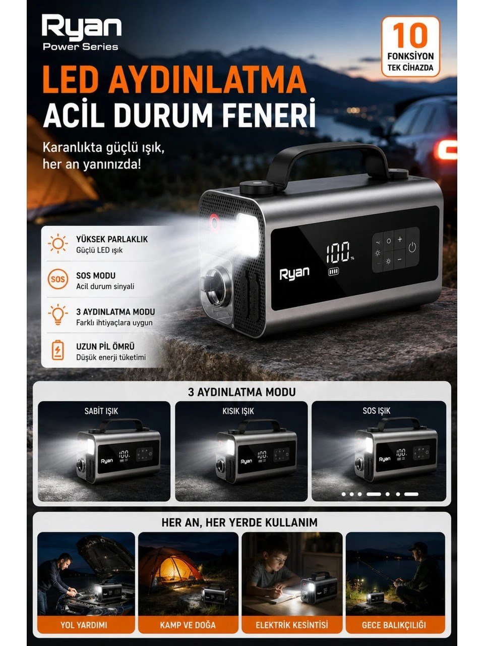 Bagajon Ryan RY-P10 2000A Akü Takviye + 150 PSI Lastik Şişirme 10'u 1 Arada – Süpürge, Üfleme, Powerbank, LED Fener