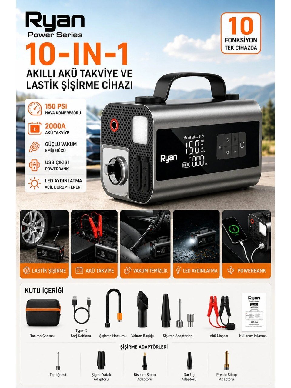 Bagajon Ryan RY-P10 2000A Akü Takviye + 150 PSI Lastik Şişirme 10'u 1 Arada – Süpürge, Üfleme, Powerbank, LED Fener