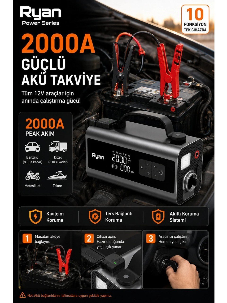 Bagajon Ryan RY-P10 2000A Akü Takviye + 150 PSI Lastik Şişirme 10'u 1 Arada – Süpürge, Üfleme, Powerbank, LED Fener