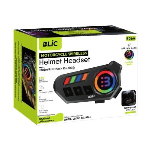 Blic B06A Motosiklet Kask İnterkom – 2 Cihaz Eşleşmeli, 1000mAh Batarya, 20 Saat Görüşme, RGB Işıklı, IP65