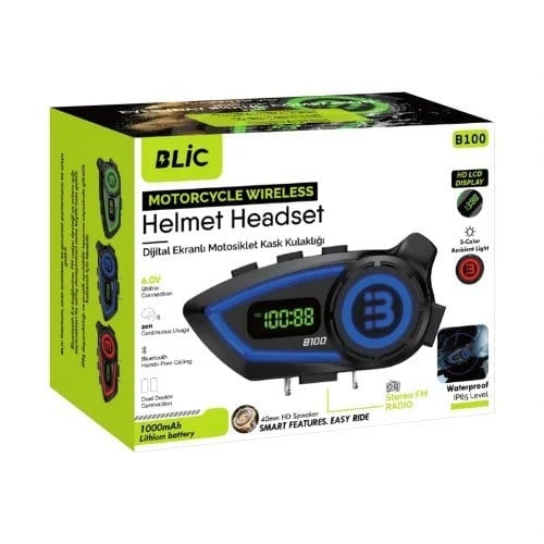 Blic B100 Motosiklet Kask Intercom Sistemi – 2 Eşleşmeli Bluetooth Kulaklık, LCD Ekran, FM Radyo, 3 Renk Işık, IP65