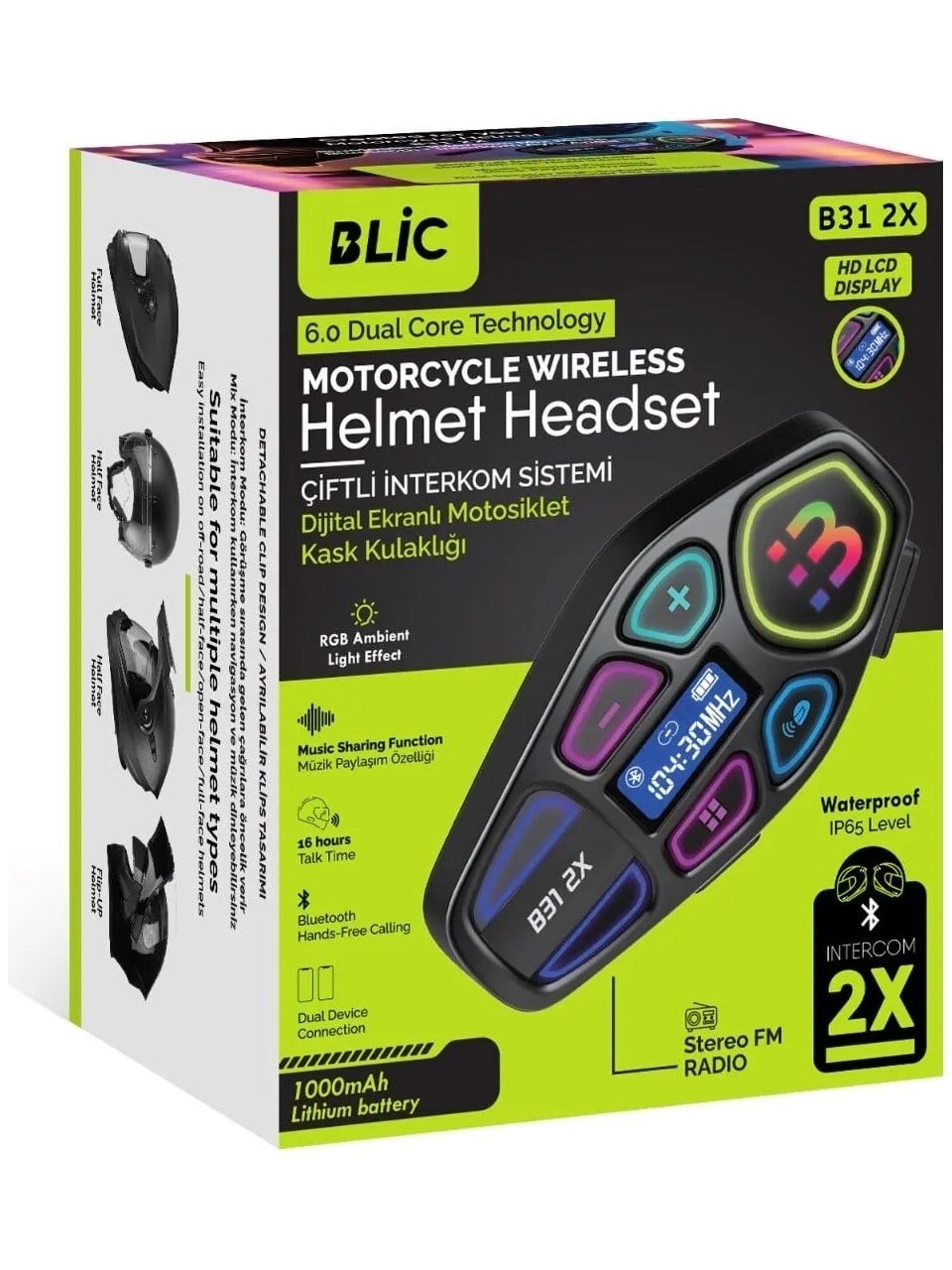 Blic B31 2X Motosiklet Kask İnterkom – 2'li Eşleşme, Bluetooth, LCD Ekran, FM Radyo, RGB Işık, 1000mAh, IP65