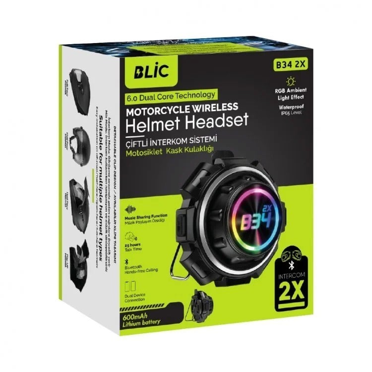 Blic B34 2X Motosiklet Kask İnterkom – 2'li Eşleşme, 25 Saat Görüşme, 600mAh Batarya, RGB Işıklı, IP65