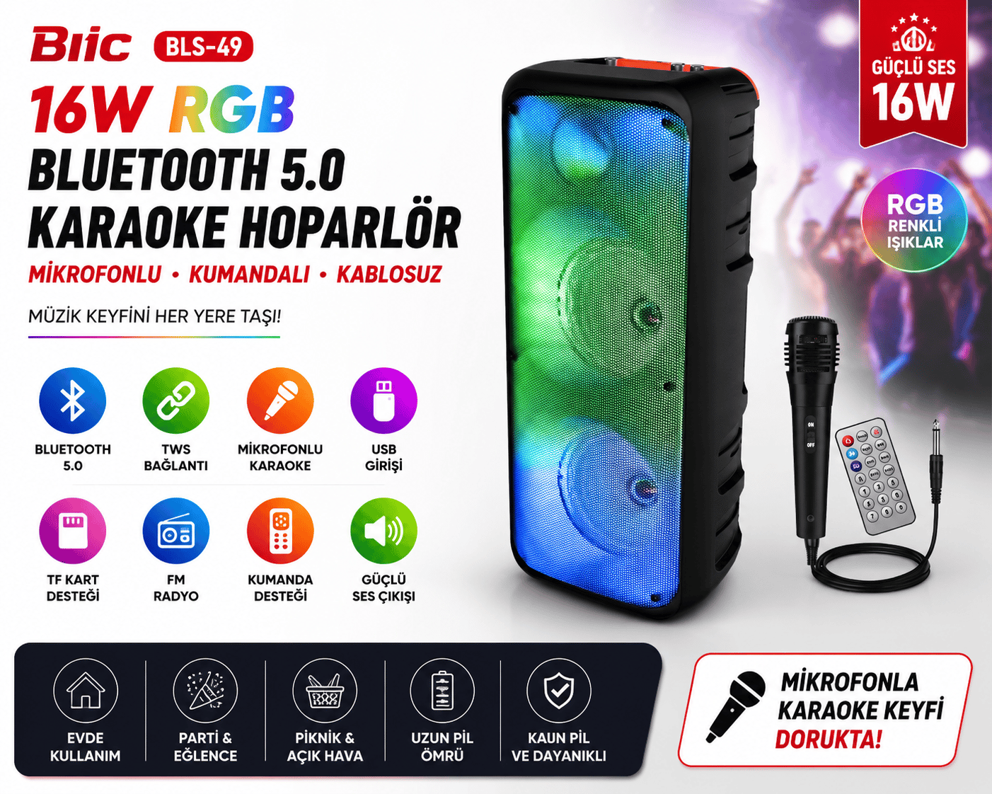 Blic BLS-49 16W RGB Bluetooth 5.0 Kablosuz Karaoke Hoparlör Mikrofonlu Kumandalı TWS USB FM Radyo