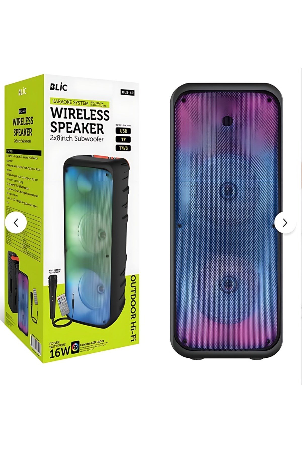 Blic BLS-49 16W RGB Bluetooth 5.0 Kablosuz Karaoke Hoparlör Mikrofonlu Kumandalı TWS USB FM Radyo