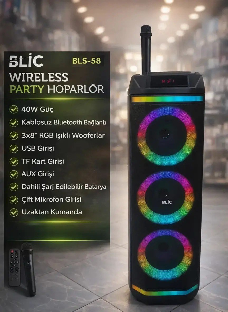 BLIC BLS-58 40W Karaoke Hoparlör Kablosuz Mikrofonlu Bluetooth 5.4 Taşınabilir Ses Sistemi RGB LED Uzaktan Kumandalı