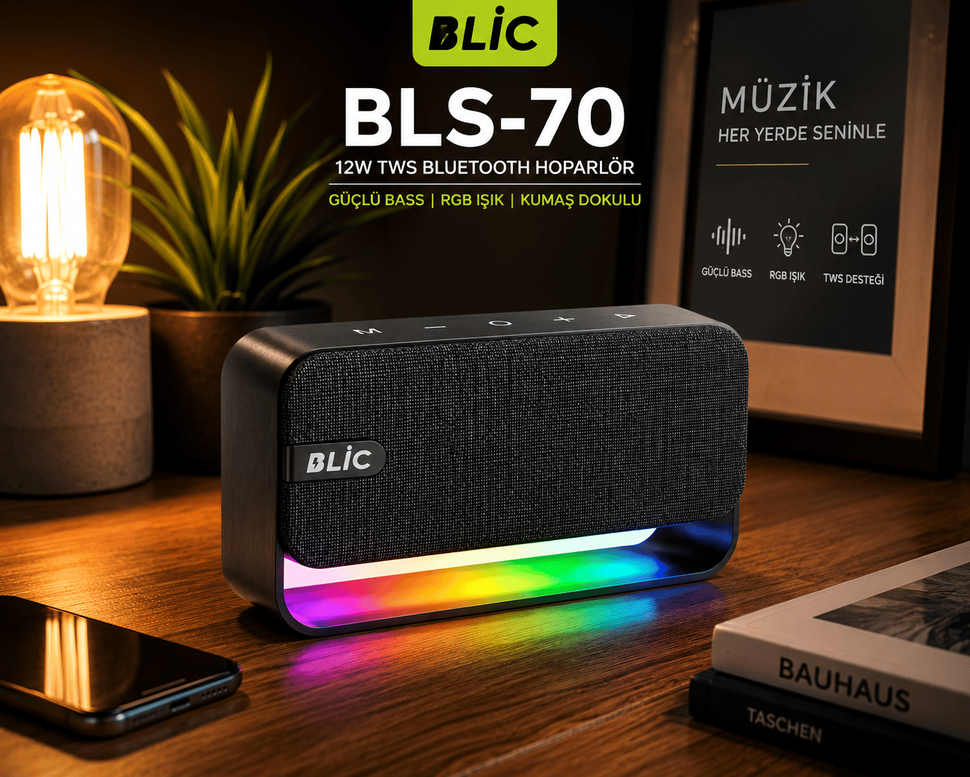 Blic BLS-70 12W Bluetooth Hoparlör RGB Işıklı Güçlü Bass TWS Stereo Kumaş Dokulu Kablosuz Speaker