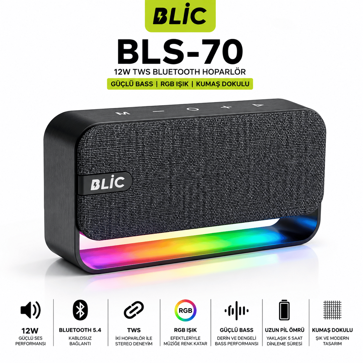 Blic BLS-70 12W Bluetooth Hoparlör RGB Işıklı Güçlü Bass TWS Stereo Kumaş Dokulu Kablosuz Speaker