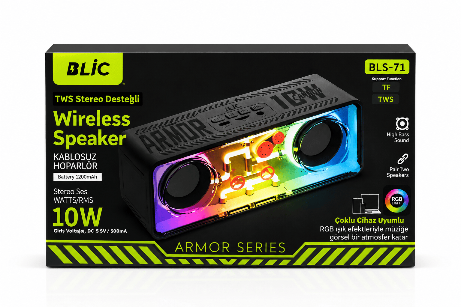 Blic BLS-71 Armor Series Şeffaf Mecha RGB Işıklı 10W Bluetooth Hoparlör Siyah TWS Destekli Kablosuz Soundbar
