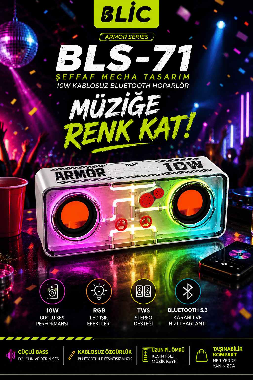 Blic BLS-71 Armor Series Şeffaf Mecha RGB Işıklı 10W Bluetooth Hoparlör Beyaz TWS Destekli Kablosuz Soundbar