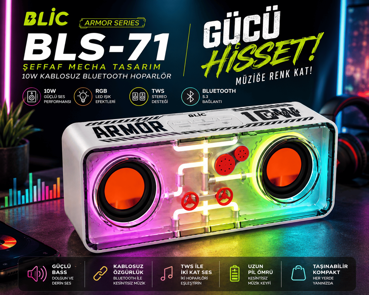 Blic BLS-71 Armor Series Şeffaf Mecha RGB Işıklı 10W Bluetooth Hoparlör Beyaz TWS Destekli Kablosuz Soundbar