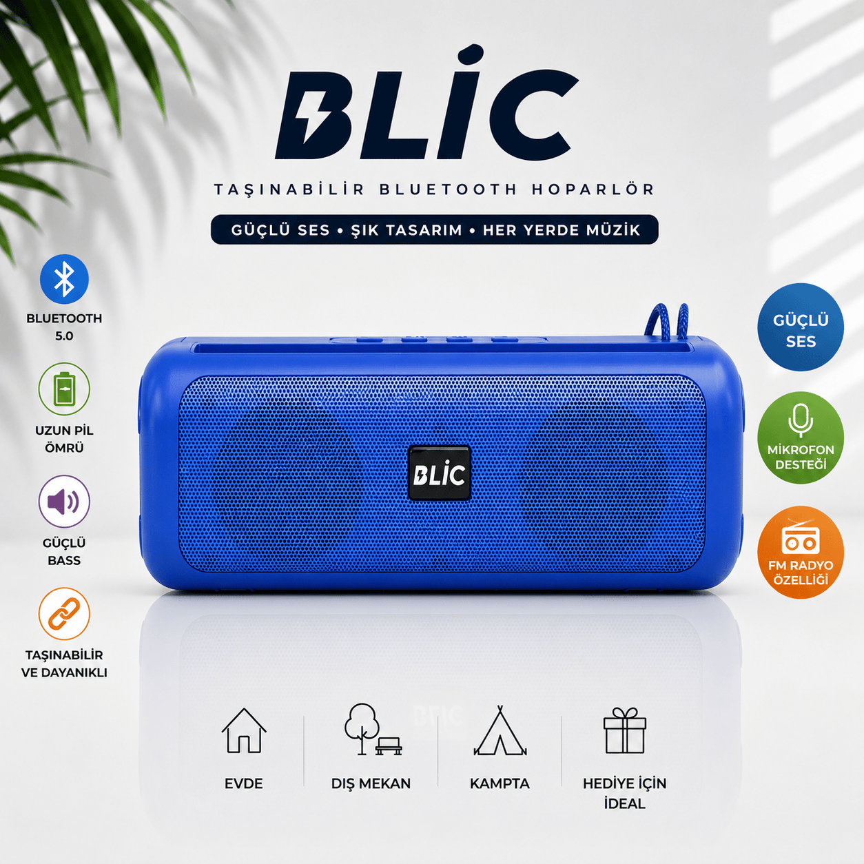Blic BLS-72 12W Bluetooth 5.4 Taşınabilir Hoparlör TWS Stereo USB TF Kart Type-C Mavi