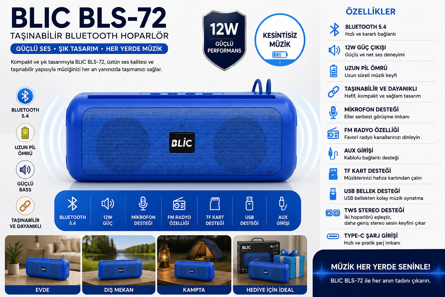 Blic BLS-72 12W Bluetooth 5.4 Taşınabilir Hoparlör TWS Stereo USB TF Kart Type-C Mavi