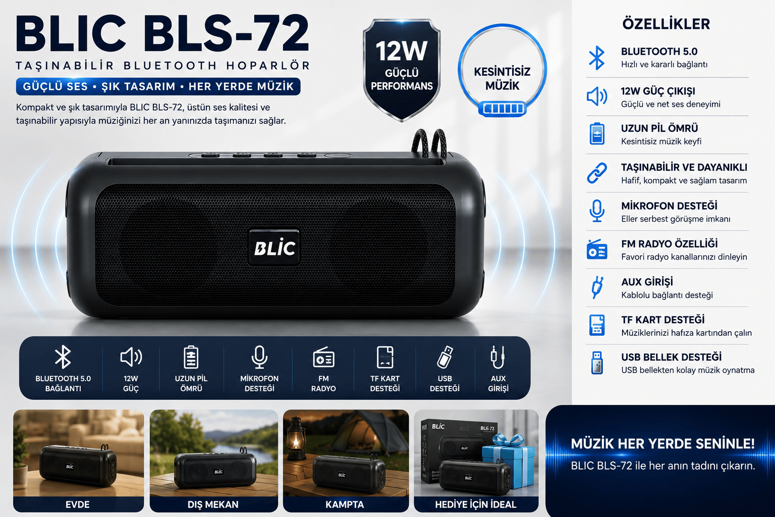 Blic BLS-72 12W Bluetooth 5.4 Taşınabilir Hoparlör TWS Stereo USB TF Kart Type-C Siyah