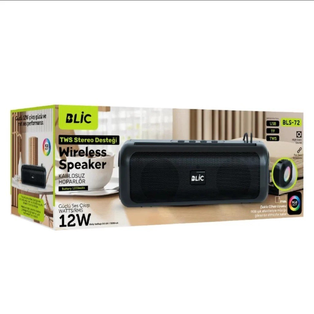 Blic BLS-72 12W Bluetooth 5.4 Taşınabilir Hoparlör TWS Stereo USB TF Kart Type-C Siyah