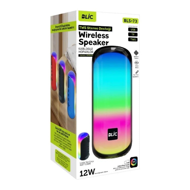 Blic BLS-73 12W RGB Işıklı Bluetooth Hoparlör TWS Stereo USB TF AUX Destekli Kumaş Dokulu Kablosuz Speaker Siyah
