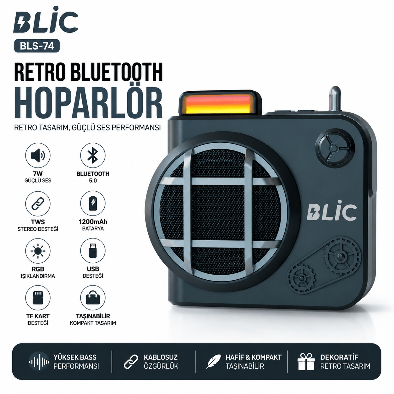 Blic BLS-74 7W Retro Bluetooth Hoparlör, RGB Işık, TWS Stereo, USB & TF Kart, 1200mAh Siyah