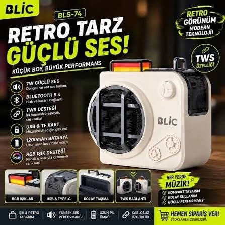Blic BLS-74 7W Retro Bluetooth Hoparlör, RGB Işık, TWS Stereo, USB & TF Kart, 1200mAh Siyah