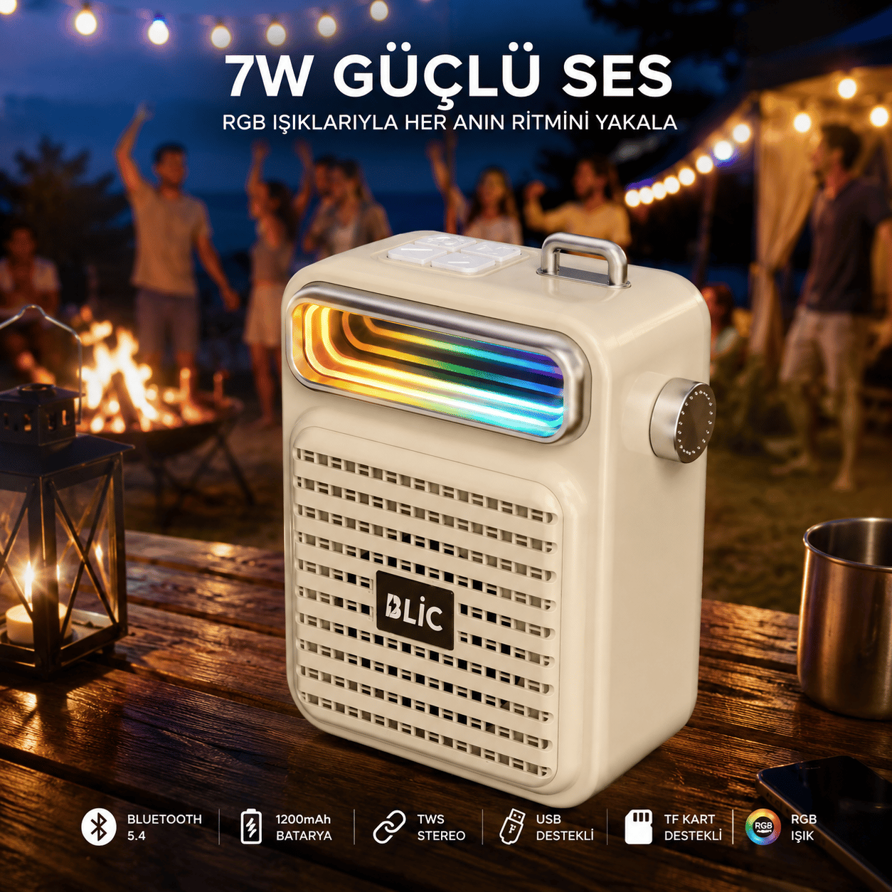 Blic BLS-75 7W Bluetooth Hoparlör RGB Işıklı TWS Stereo USB TF Kart Destekli Kablosuz Speaker Beyaz