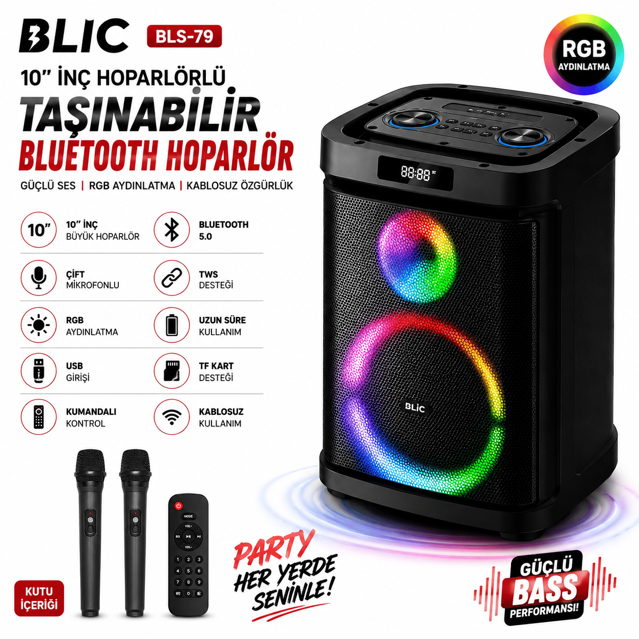 Blic BLS-79 20W 10 İnç Bluetooth Hoparlör, RGB Işıklı, Çift Kablosuz Mikrofonlu, Kumandalı