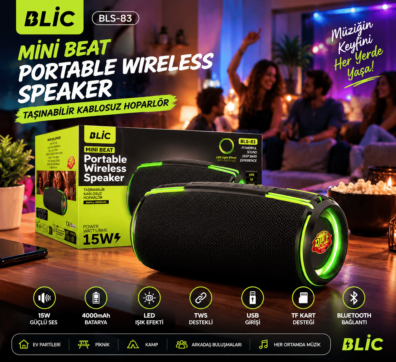 Blic BLS-83 15W Bluetooth Hoparlör, RGB LED Işıklı, TWS, USB & TF Kart, 4000mAh, Güçlü Bass