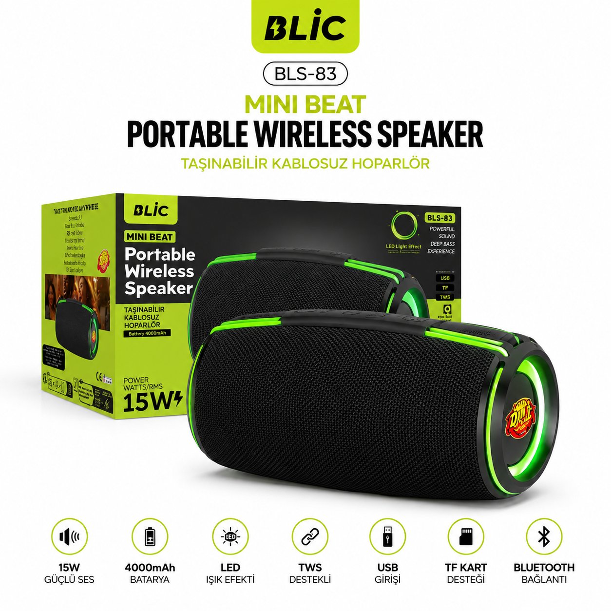 Blic BLS-83 15W Bluetooth Hoparlör, RGB LED Işıklı, TWS, USB & TF Kart, 4000mAh, Güçlü Bass