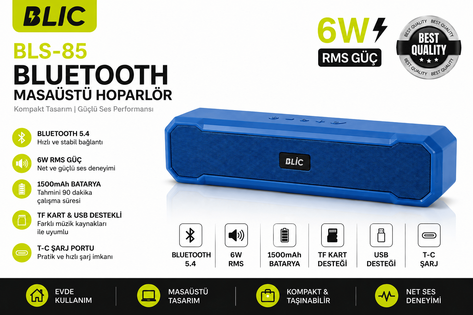 Blic BLS-85 Bluetooth 5.4 Kablosuz Masaüstü Hoparlör 6W RMS 1500mAh TF USB T-C Destekli Mavi