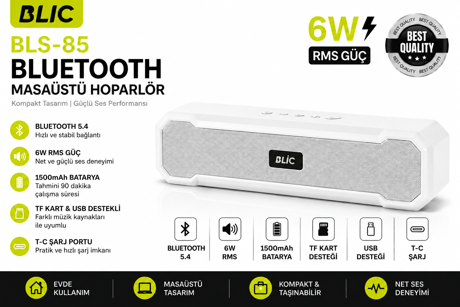 Blic BLS-85 Bluetooth 5.4 Kablosuz Masaüstü Hoparlör 6W RMS 1500mAh TF USB T-C Destekli Beyaz